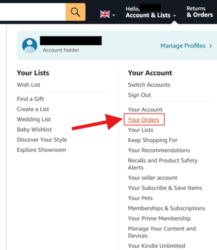 screenshot of your orders at amazon.co.uk