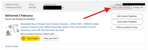 screenshot of view order details